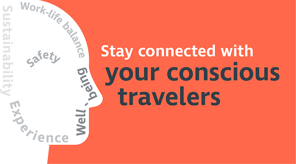 Text: stay connected with your conscious travelers